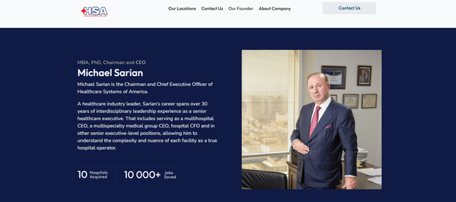 Healthcare Systems of America’s website still lists Michael “Mike” Sarian as chair and CEO.